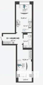 1-к квартира, строящийся дом, 50м2, 2/13 этаж