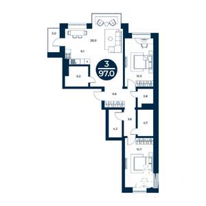 3-к квартира, строящийся дом, 97м2, 2/9 этаж