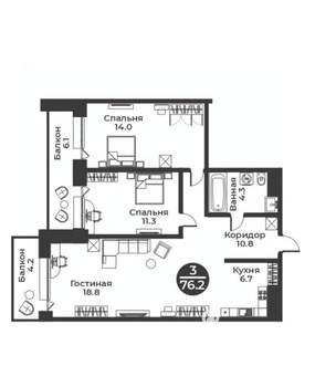 2-к квартира, вторичка, 76м2, 9/9 этаж