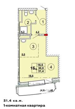 1-к квартира, вторичка, 31м2, 4/12 этаж