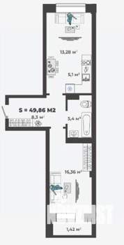1-к квартира, строящийся дом, 50м2, 1/13 этаж
