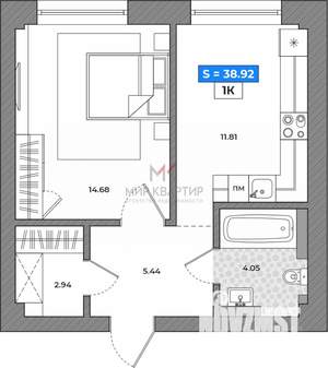 1-к квартира, вторичка, 39м2, 8/16 этаж