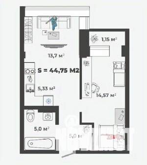 1-к квартира, строящийся дом, 45м2, 13/13 этаж