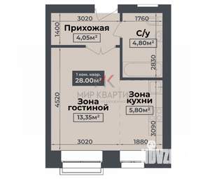 1-к квартира, вторичка, 28м2, 1/4 этаж