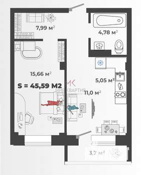2-к квартира, вторичка, 45м2, 10/13 этаж