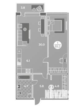 1-к квартира, вторичка, 55м2, 4/9 этаж