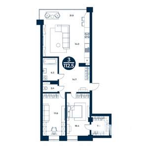 3-к квартира, строящийся дом, 113м2, 2/9 этаж