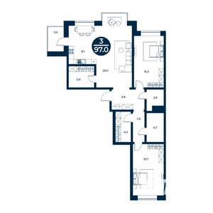 3-к квартира, строящийся дом, 97м2, 2/9 этаж