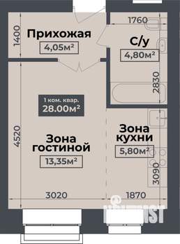 1-к квартира, строящийся дом, 28м2, 1/4 этаж