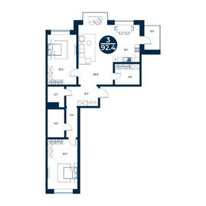 3-к квартира, строящийся дом, 92м2, 8/9 этаж