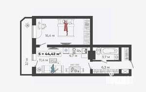 2-к квартира, вторичка, 43м2, 7/9 этаж