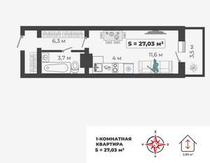Студия квартира, вторичка, 27м2, 1/9 этаж