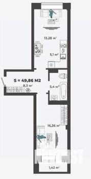 1-к квартира, строящийся дом, 50м2, 1/13 этаж