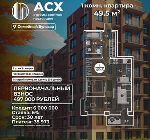 1-к квартира, вторичка, 50м2, 8/9 этаж