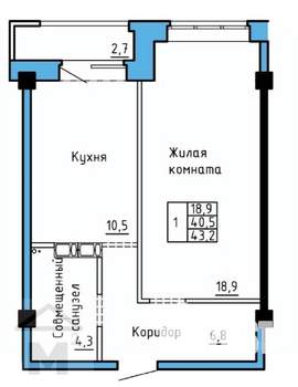 1-к квартира, вторичка, 42м2, 1/9 этаж