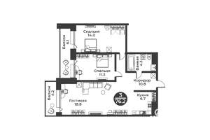 2-к квартира, строящийся дом, 76м2, 8/9 этаж