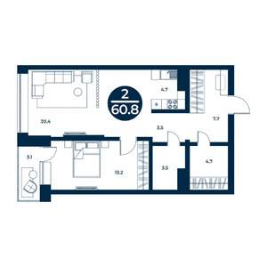 2-к квартира, строящийся дом, 61м2, 2/9 этаж