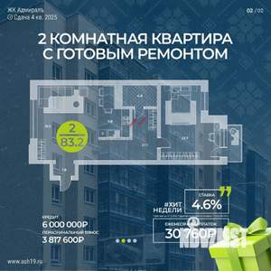 2-к квартира, вторичка, 83м2, 5/9 этаж