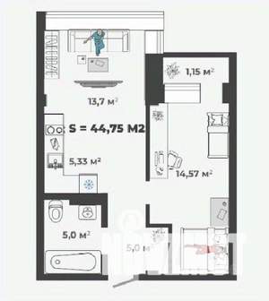 1-к квартира, строящийся дом, 45м2, 1/13 этаж