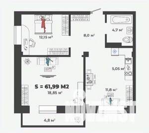 2-к квартира, строящийся дом, 62м2, 3/13 этаж