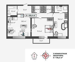 3-к квартира, вторичка, 94м2, 2/8 этаж