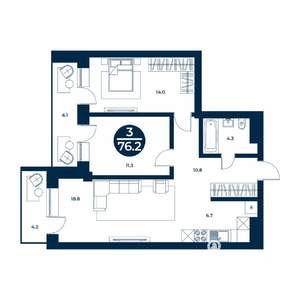 2-к квартира, строящийся дом, 76м2, 4/9 этаж