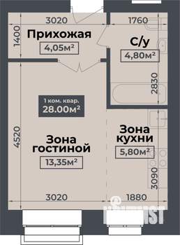 1-к квартира, строящийся дом, 28м2, 1/4 этаж