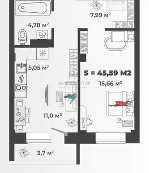 2-к квартира, вторичка, 46м2, 9/13 этаж