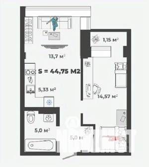 1-к квартира, строящийся дом, 45м2, 2/13 этаж