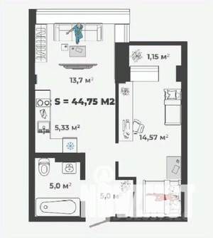 1-к квартира, строящийся дом, 45м2, 2/13 этаж
