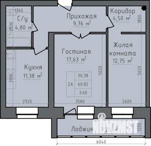 2-к квартира, строящийся дом, 64м2, 5/5 этаж