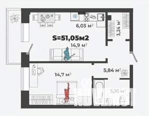 1-к квартира, строящийся дом, 51м2, 2/13 этаж