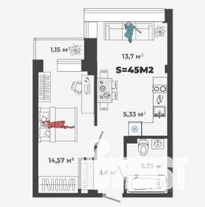 1-к квартира, строящийся дом, 45м2, 1/13 этаж