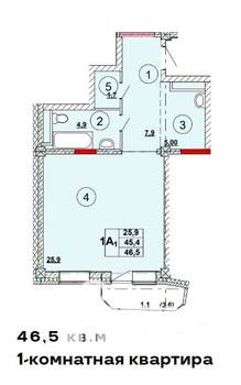 1-к квартира, сданный дом, 47м2, 11/12 этаж