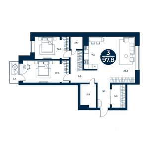 3-к квартира, строящийся дом, 98м2, 9/9 этаж