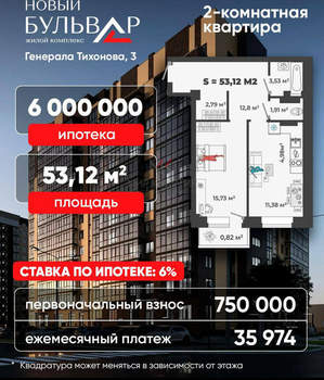 2-к квартира, вторичка, 53м2, 8/13 этаж