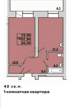 1-к квартира, вторичка, 42м2, 3/7 этаж