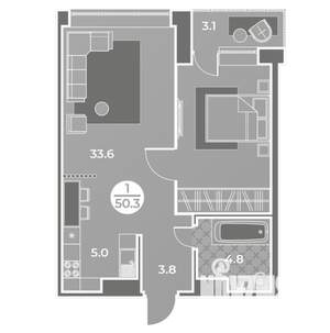 1-к квартира, вторичка, 50м2, 7/9 этаж