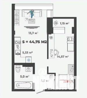 1-к квартира, строящийся дом, 45м2, 1/13 этаж