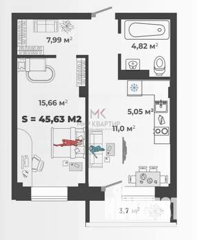 2-к квартира, вторичка, 45м2, 9/13 этаж