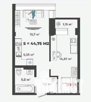 1-к квартира, строящийся дом, 45м2, 13/13 этаж