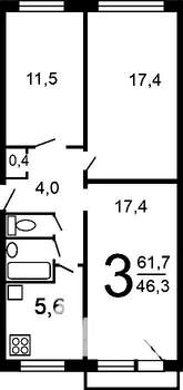 3-к квартира, вторичка, 63м2, 1/5 этаж