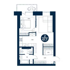 1-к квартира, строящийся дом, 62м2, 7/9 этаж