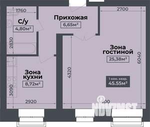 1-к квартира, строящийся дом, 46м2, 3/4 этаж