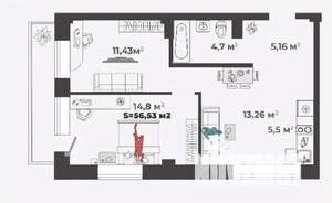 2-к квартира, строящийся дом, 57м2, 2/13 этаж