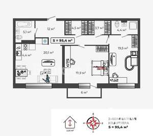 3-к квартира, вторичка, 94м2, 2/8 этаж