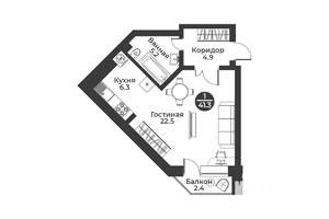 1-к квартира, строящийся дом, 41м2, 4/9 этаж