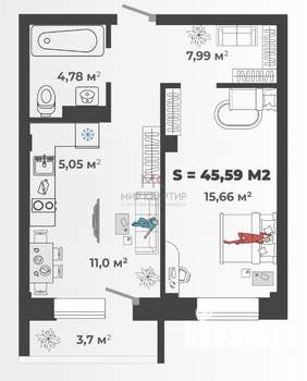 2-к квартира, вторичка, 46м2, 9/13 этаж