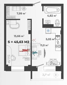 2-к квартира, вторичка, 46м2, 10/13 этаж