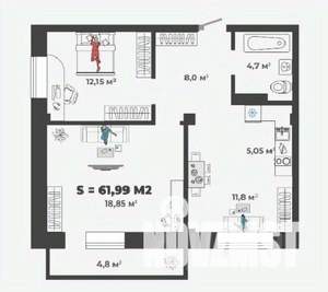 2-к квартира, строящийся дом, 62м2, 4/13 этаж
